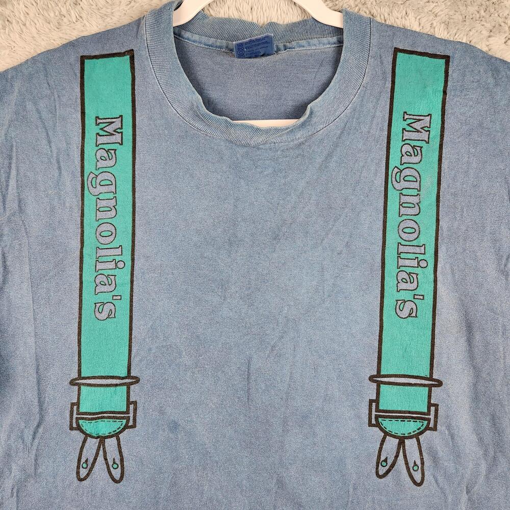 Vintage Magnolias Restaurant Pub Shirt Mens XL Blue Suspenders Graphic 90s Logo